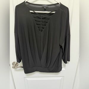 AUW Black Women's Blouse with Strappy V-Neck, Size Large